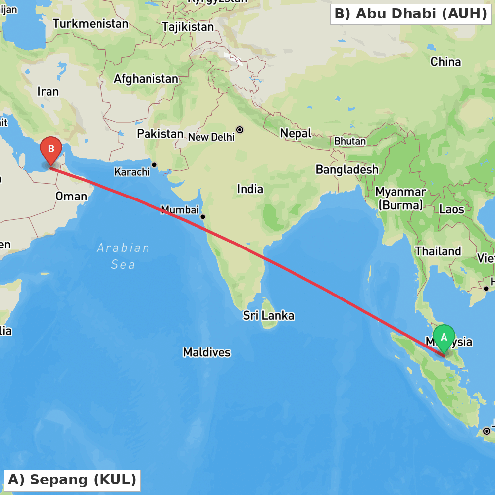 Flight route map from Sepang to Abu Dhabi