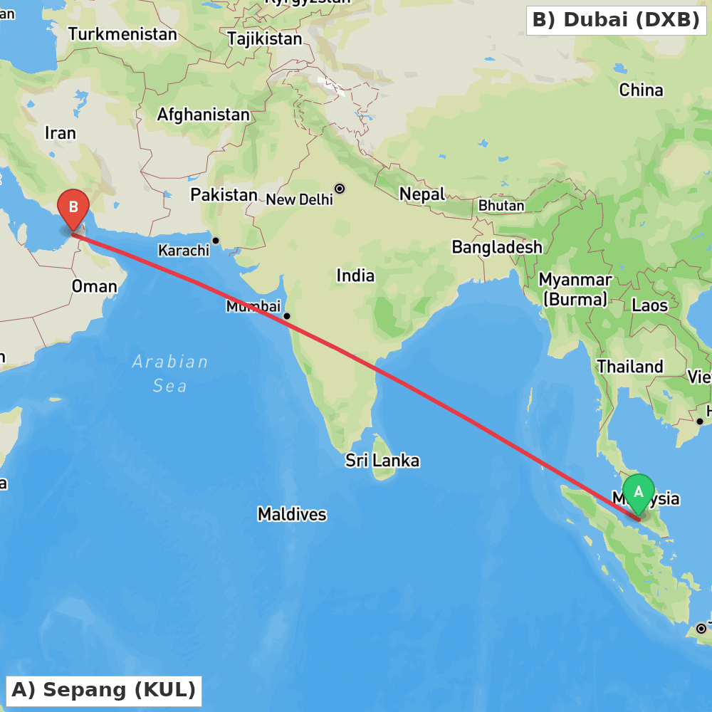 Flight route map from Sepang to Dubai