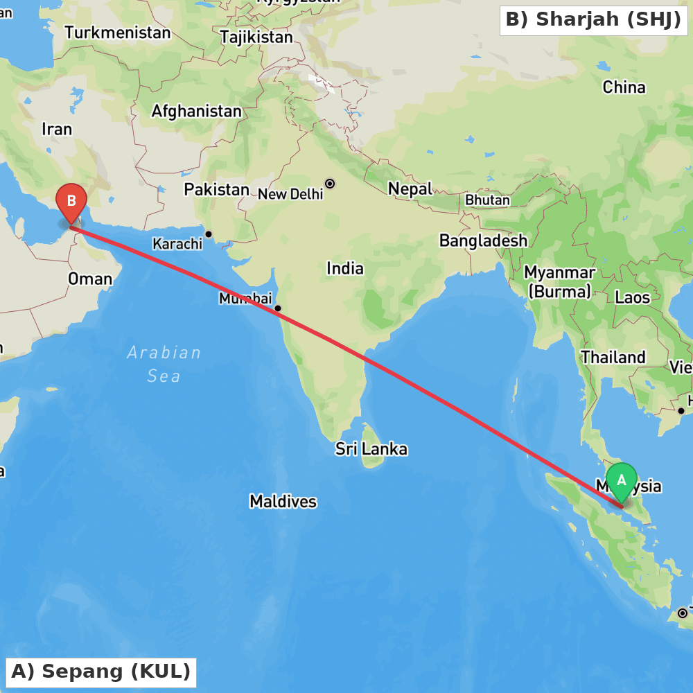 Flight route map from Sepang to Sharjah