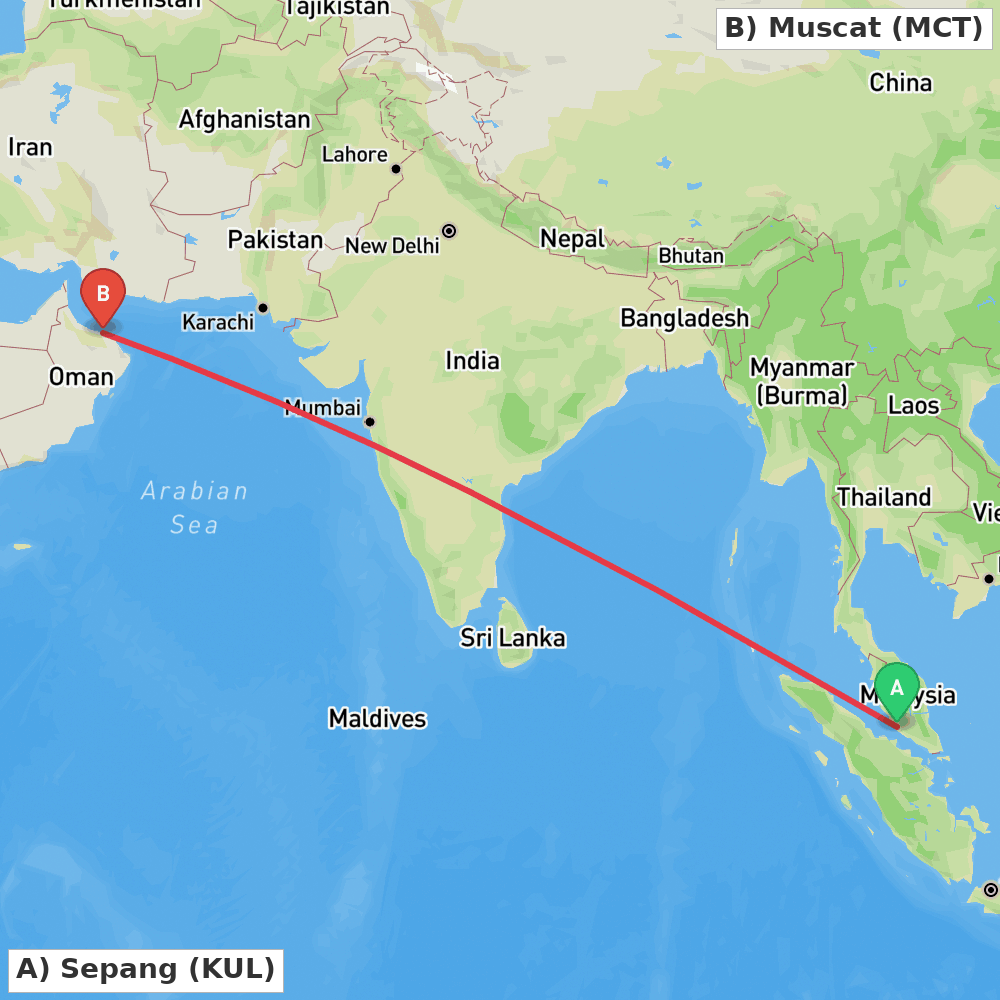 Flight route map from Sepang to Muscat