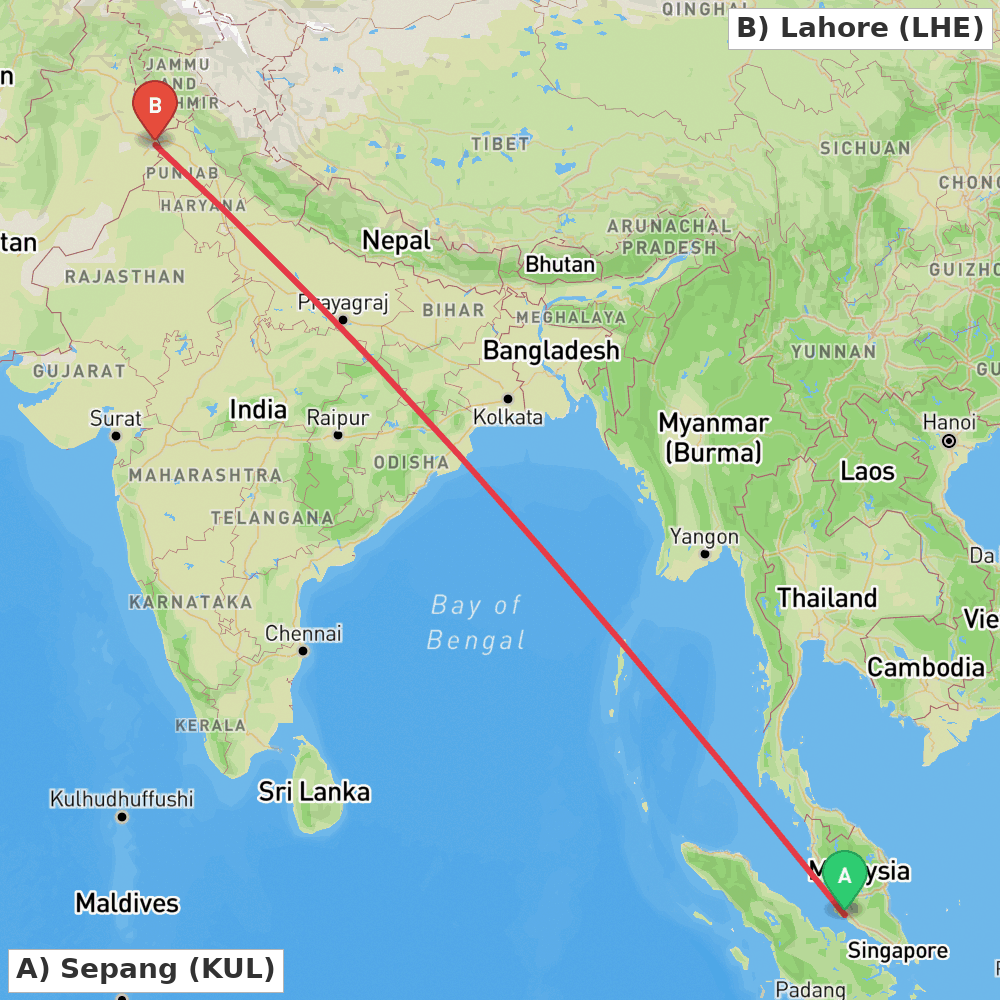 Flight route map from Sepang to Lahore