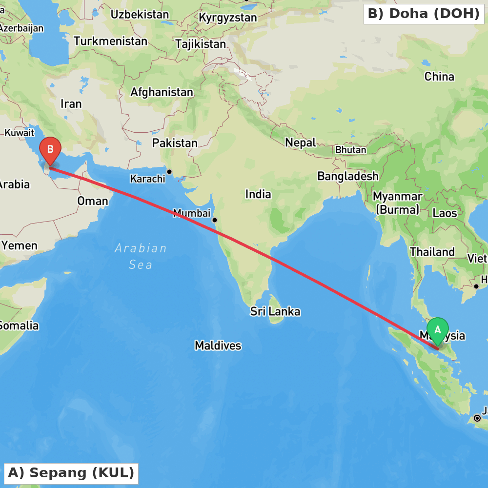 Flight route map from Sepang to Doha