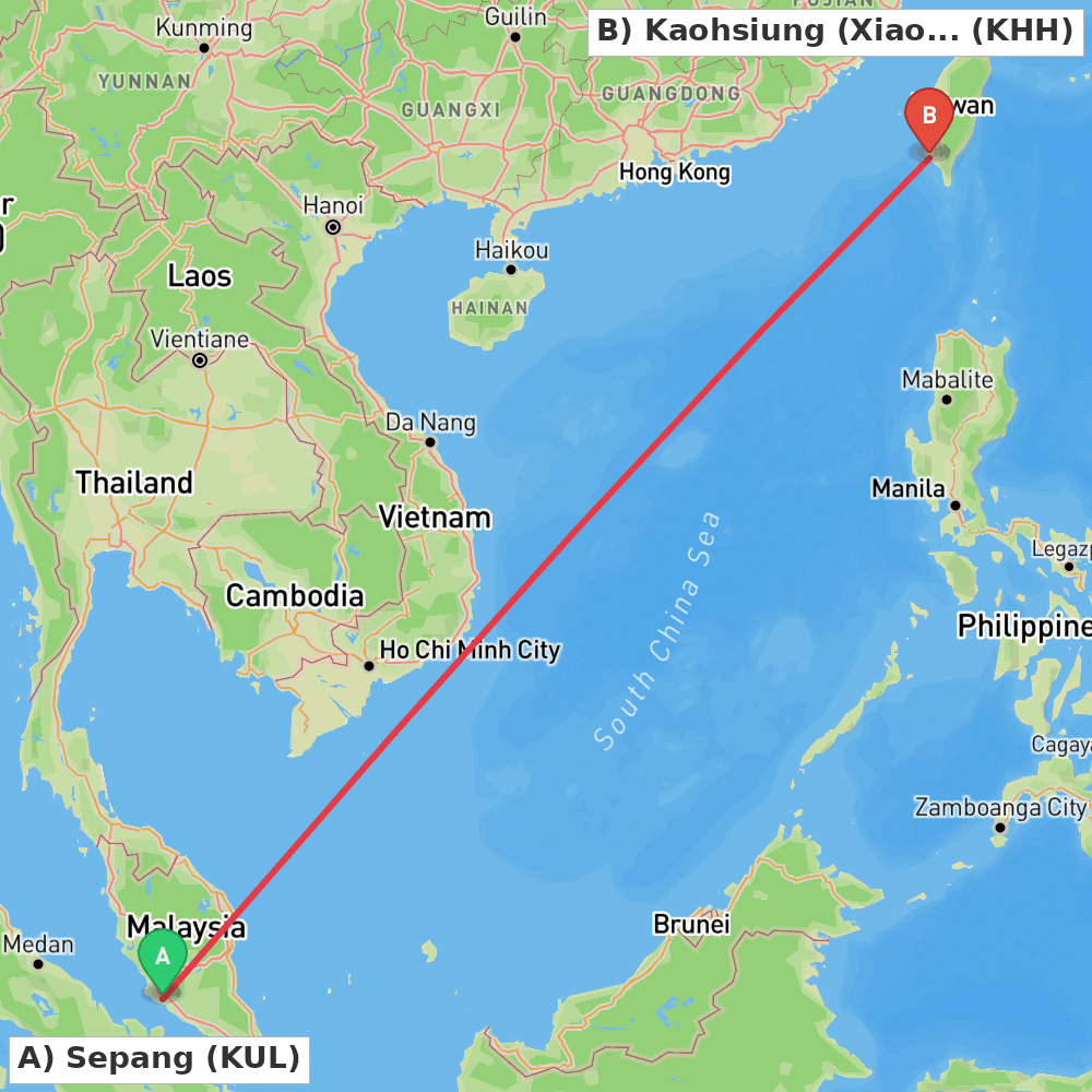 Flight route map from Sepang to Kaohsiung (Xiaogang)