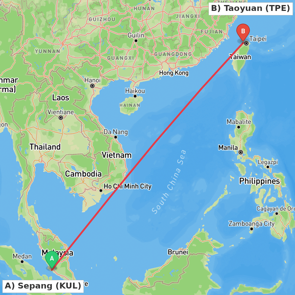 Flight route map from Sepang to Taoyuan