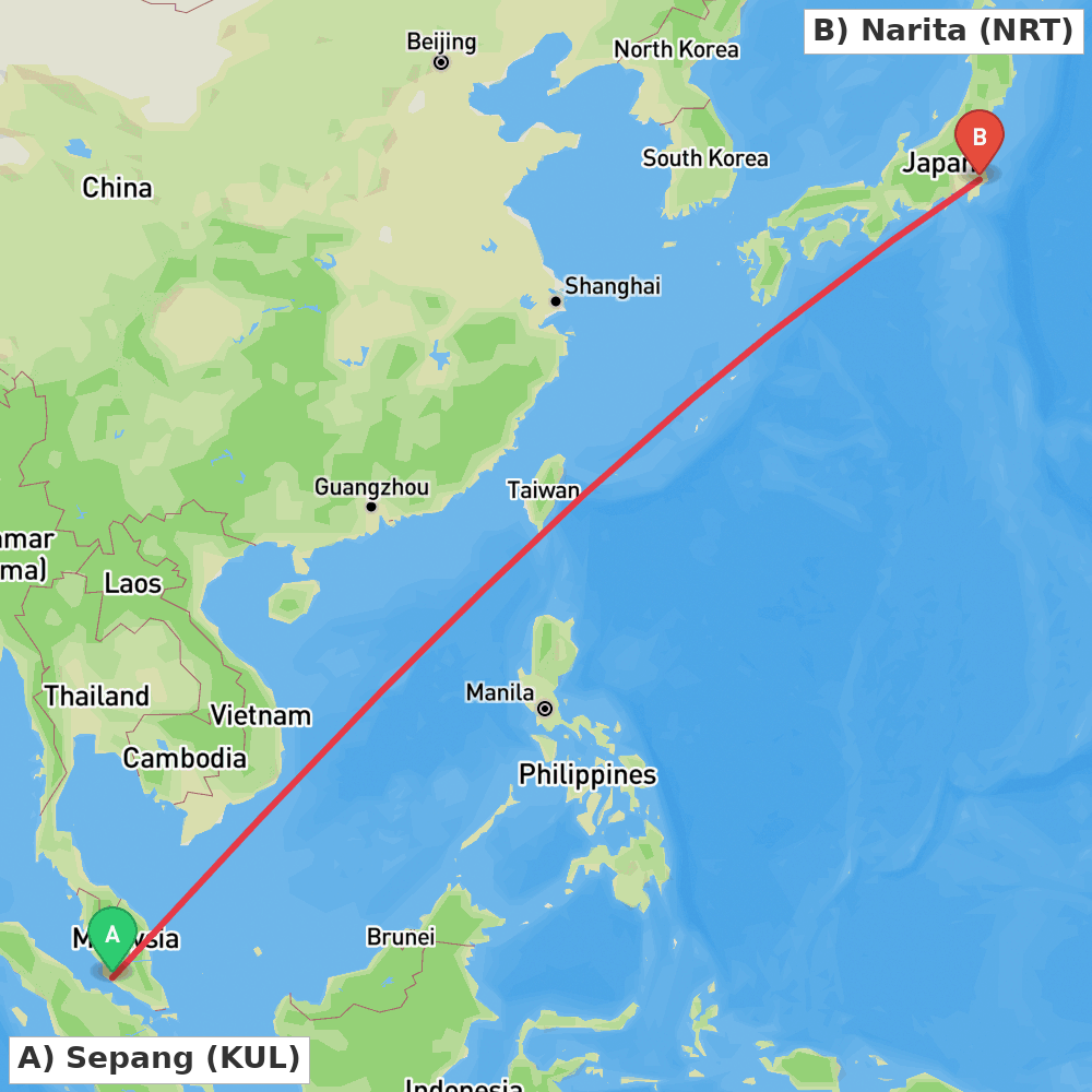 Flight route map from Sepang to Narita