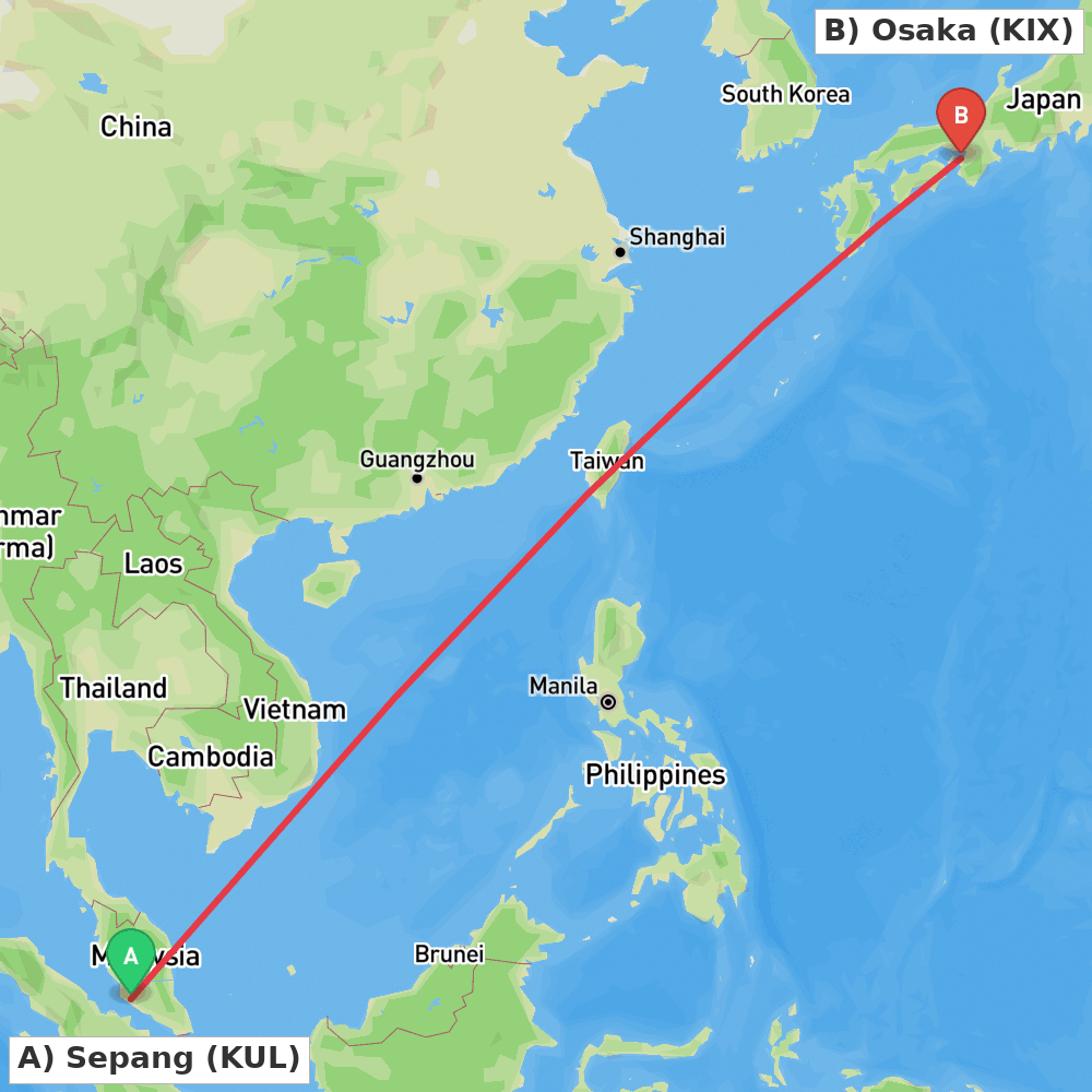 Flight route map from Sepang to Osaka