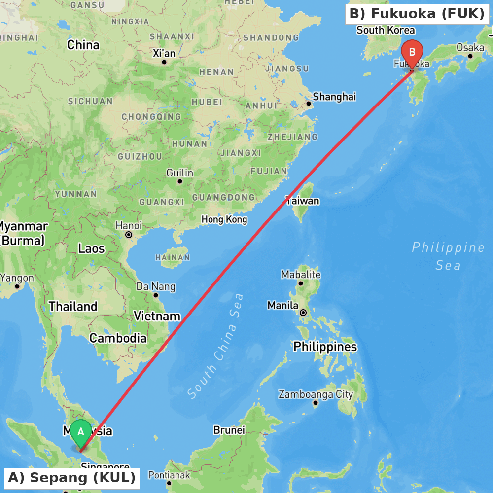 Flight route map from Sepang to Fukuoka