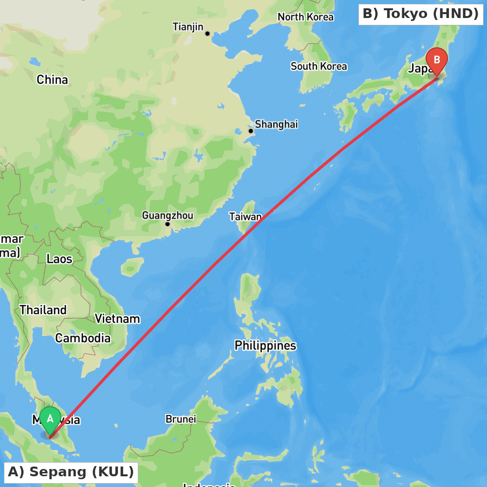 Flight route map from Sepang to Tokyo