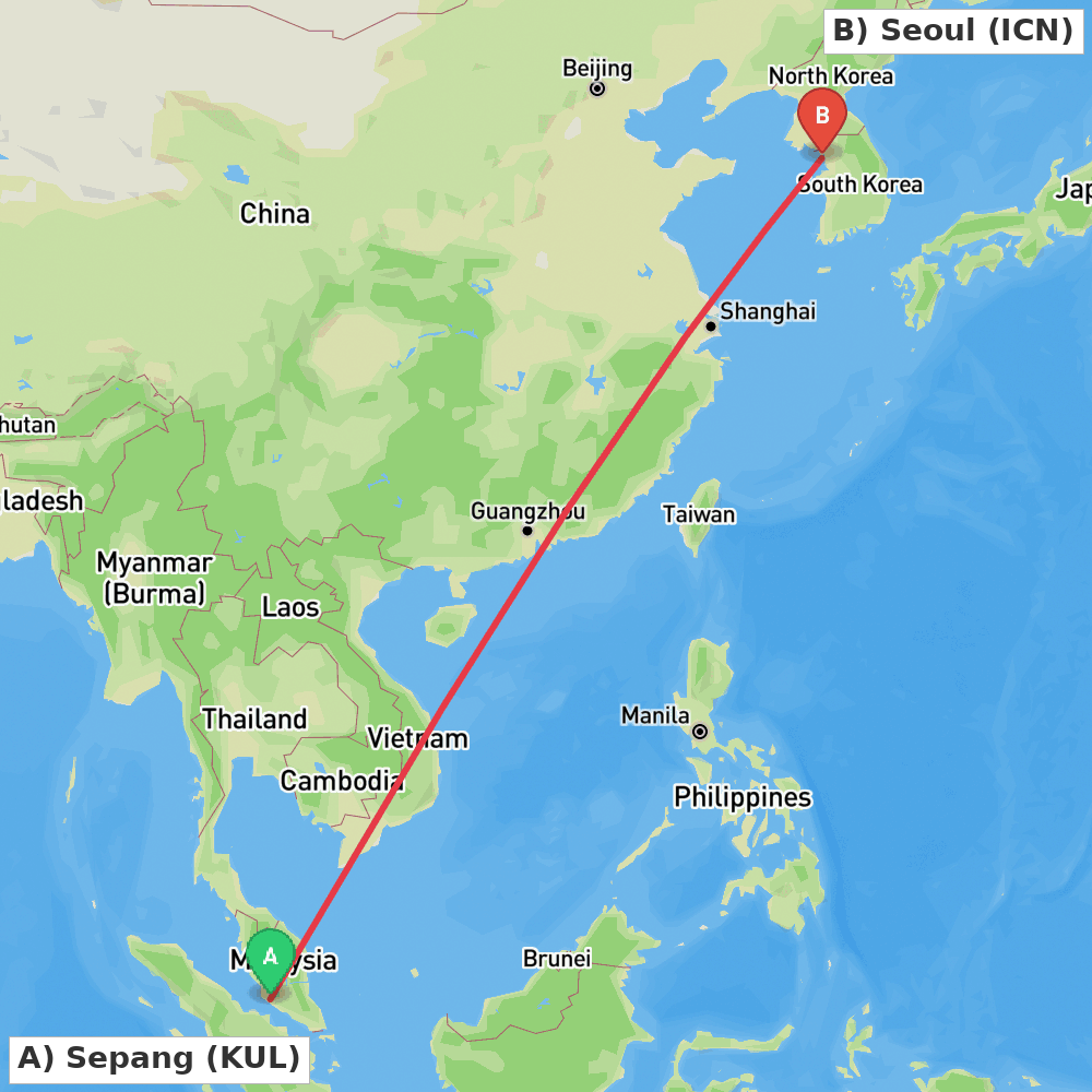 Flight route map from Sepang to Seoul