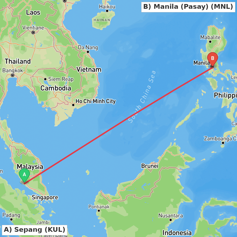 Flight route map from Sepang to Manila (Pasay)