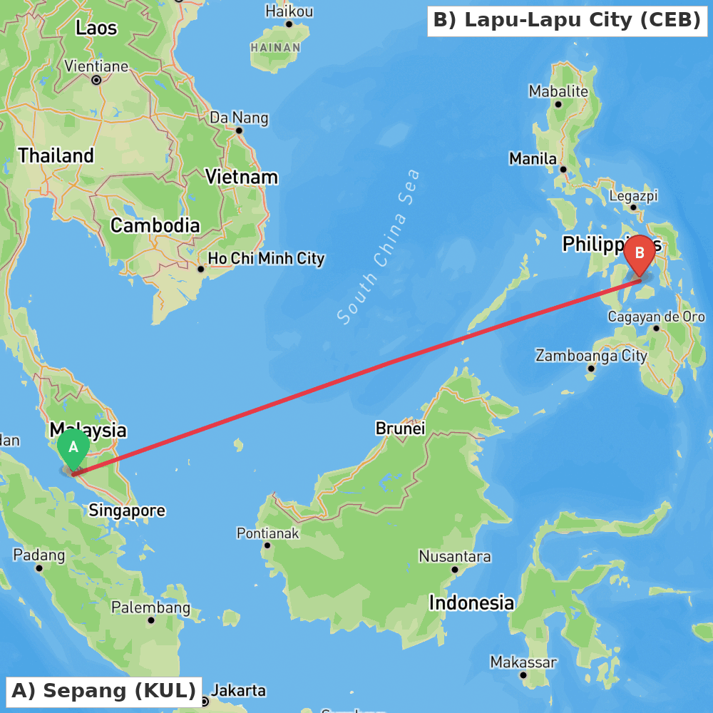 Flight route map from Sepang to Lapu-Lapu City