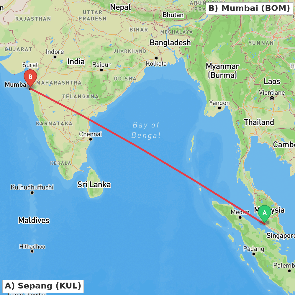Flight route map from Sepang to Mumbai