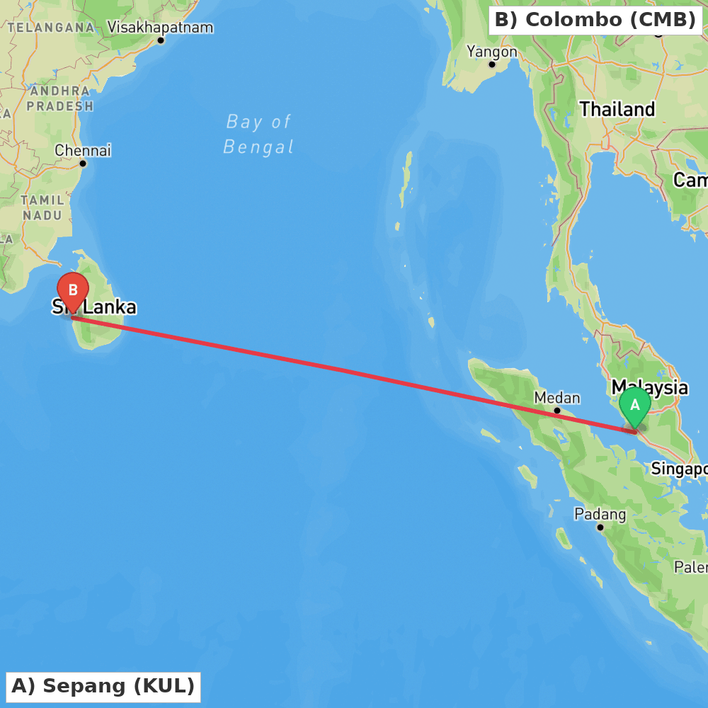 Flight route map from Sepang to Colombo