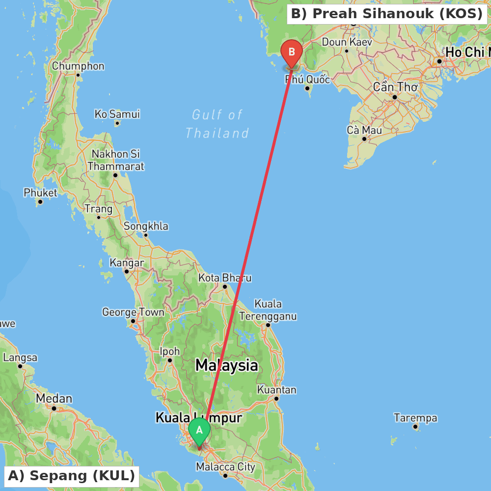 Flight route map from Sepang to Preah Sihanouk