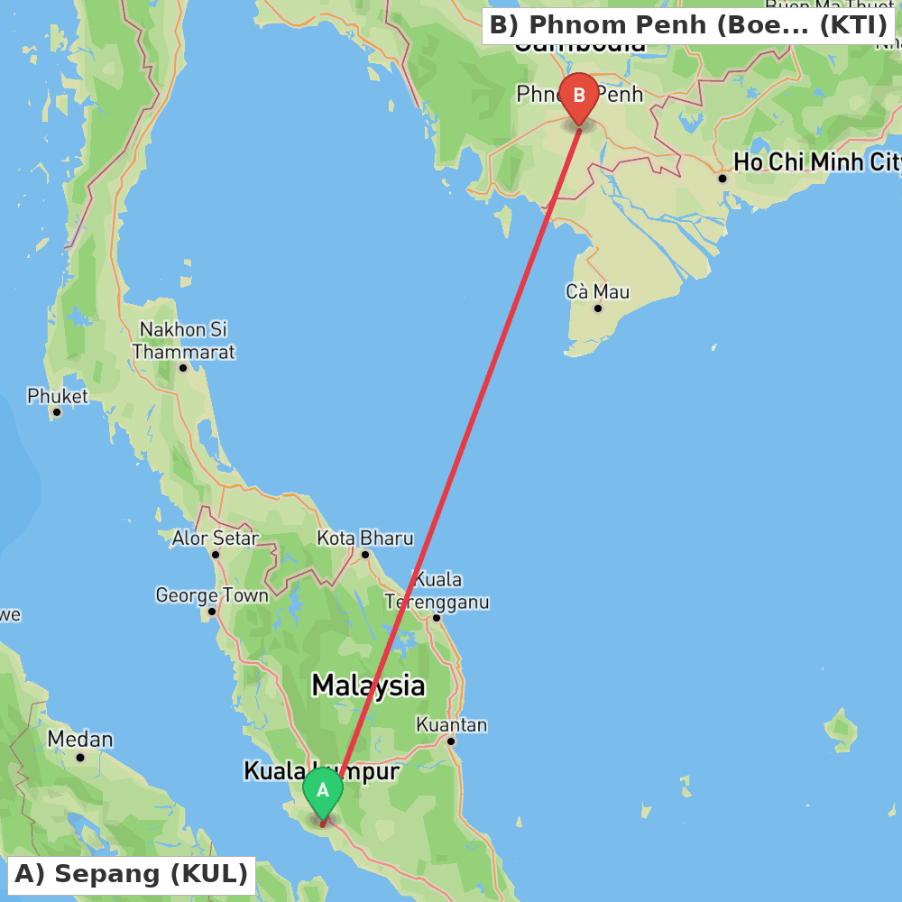 Flight route map from Sepang to Phnom Penh (Boeng Khyang)