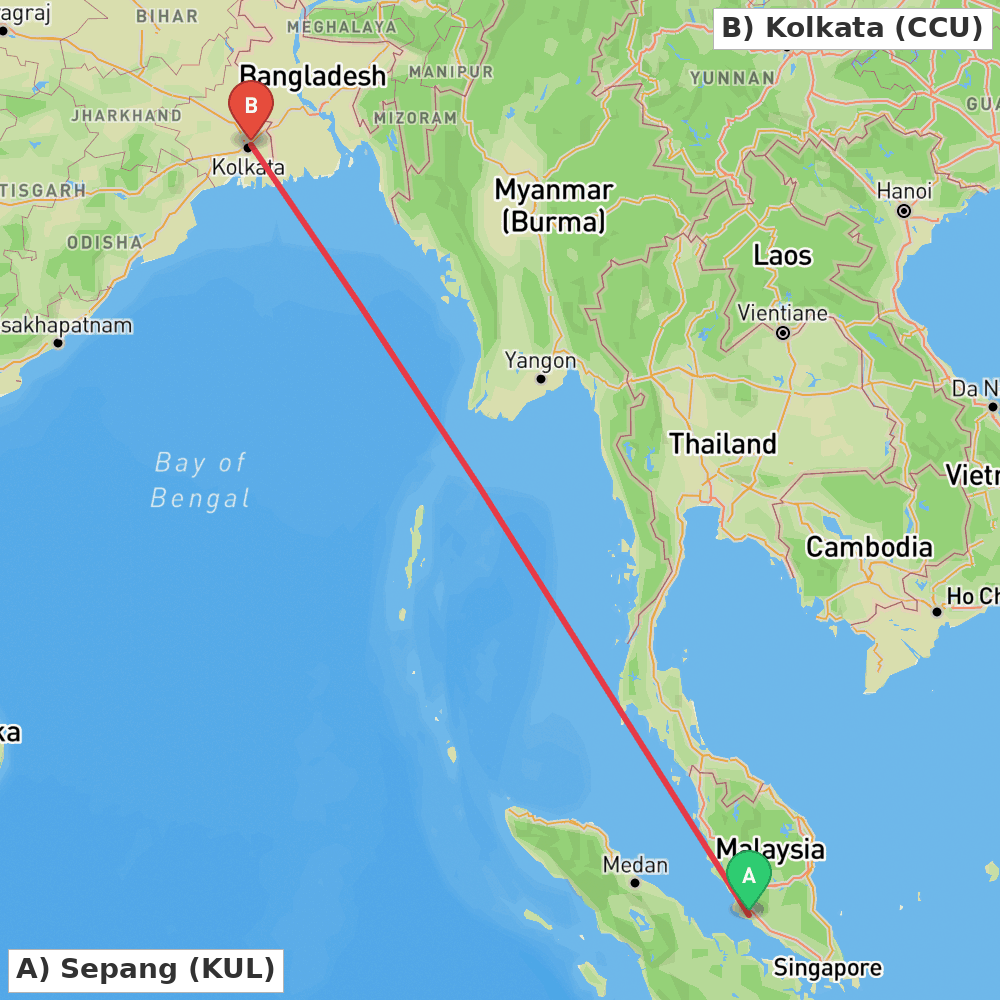 Flight route map from Sepang to Kolkata