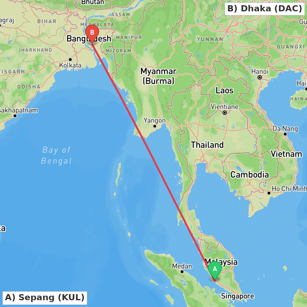 Flight route map from Sepang to Dhaka