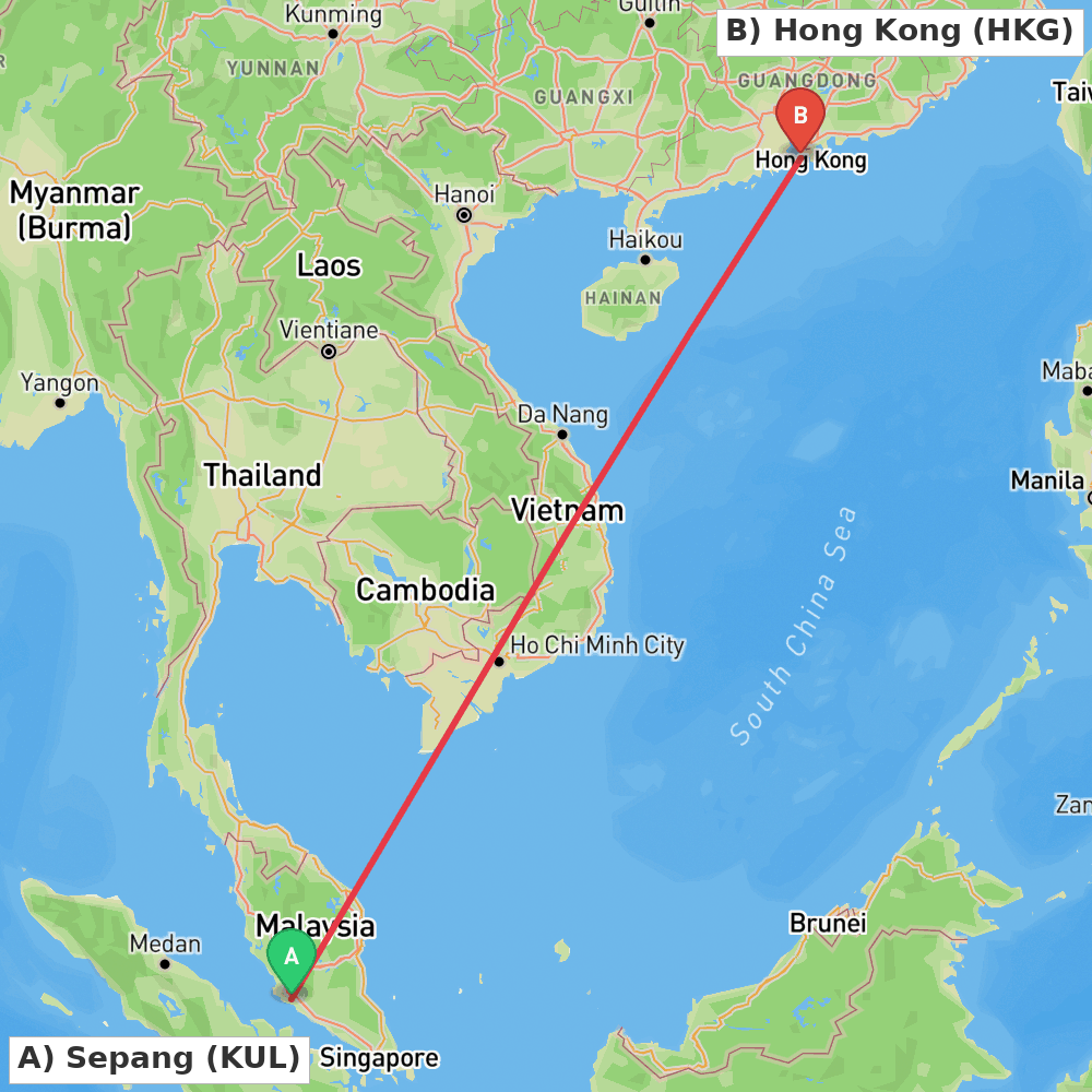 Flight route map from Sepang to Hong Kong