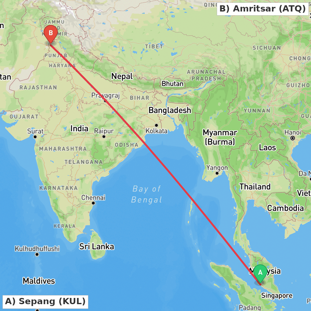Flight route map from Sepang to Amritsar