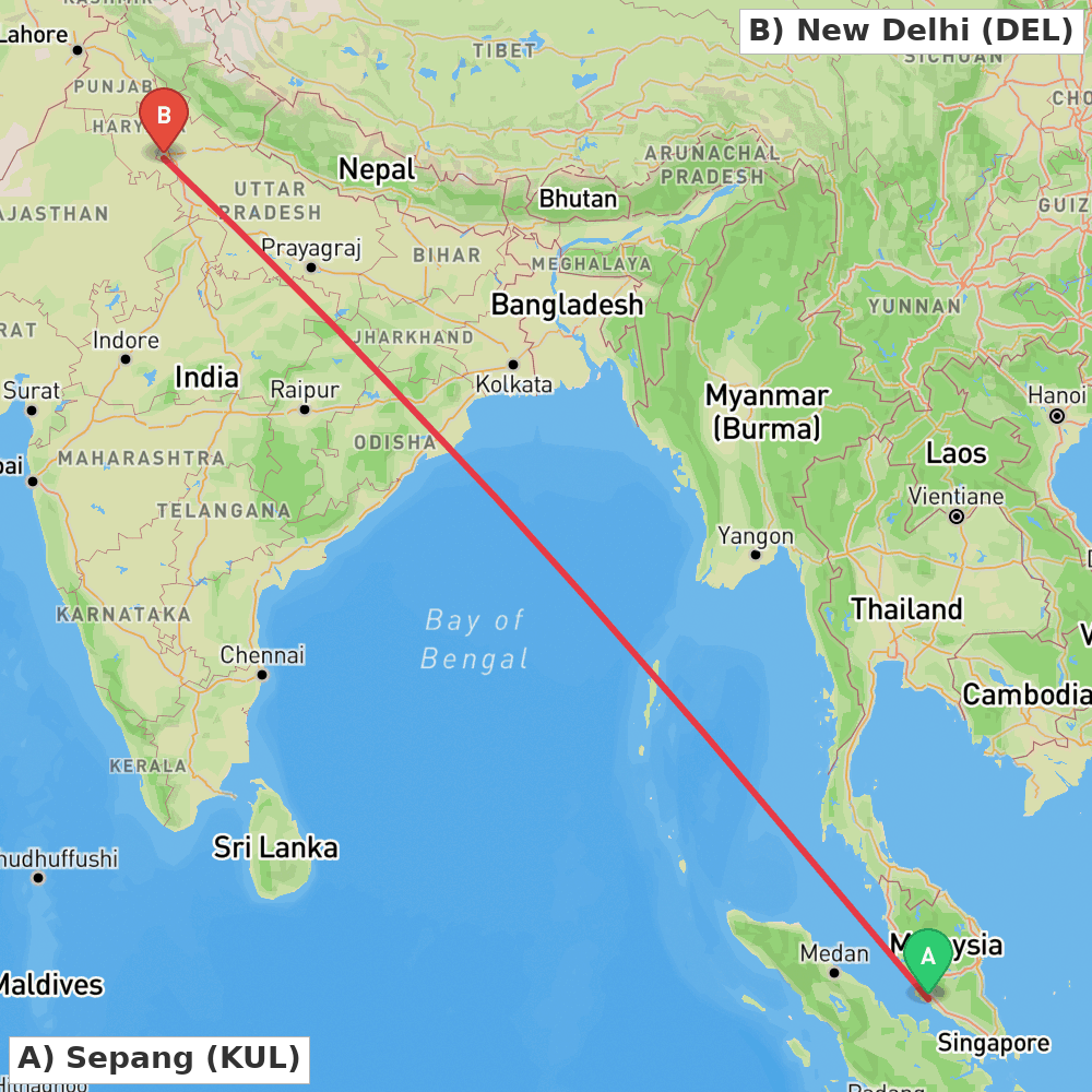 Flight route map from Sepang to New Delhi