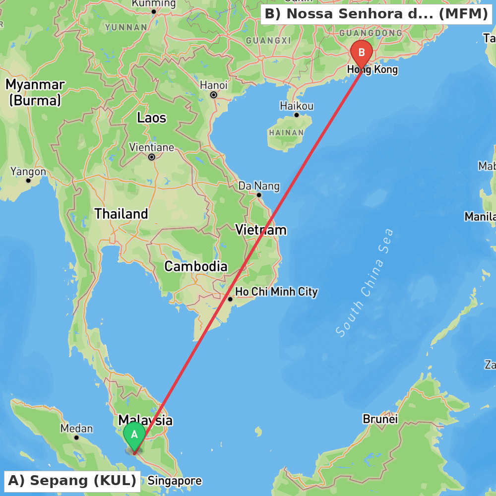 Flight route map from Sepang to Nossa Senhora do Carmo