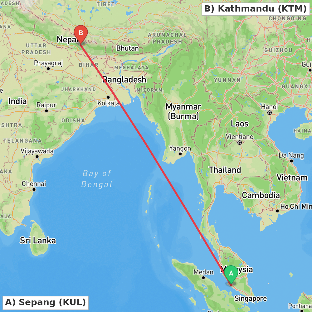 Flight route map from Sepang to Kathmandu