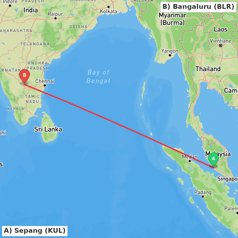 Flight route map from Sepang to Bangaluru