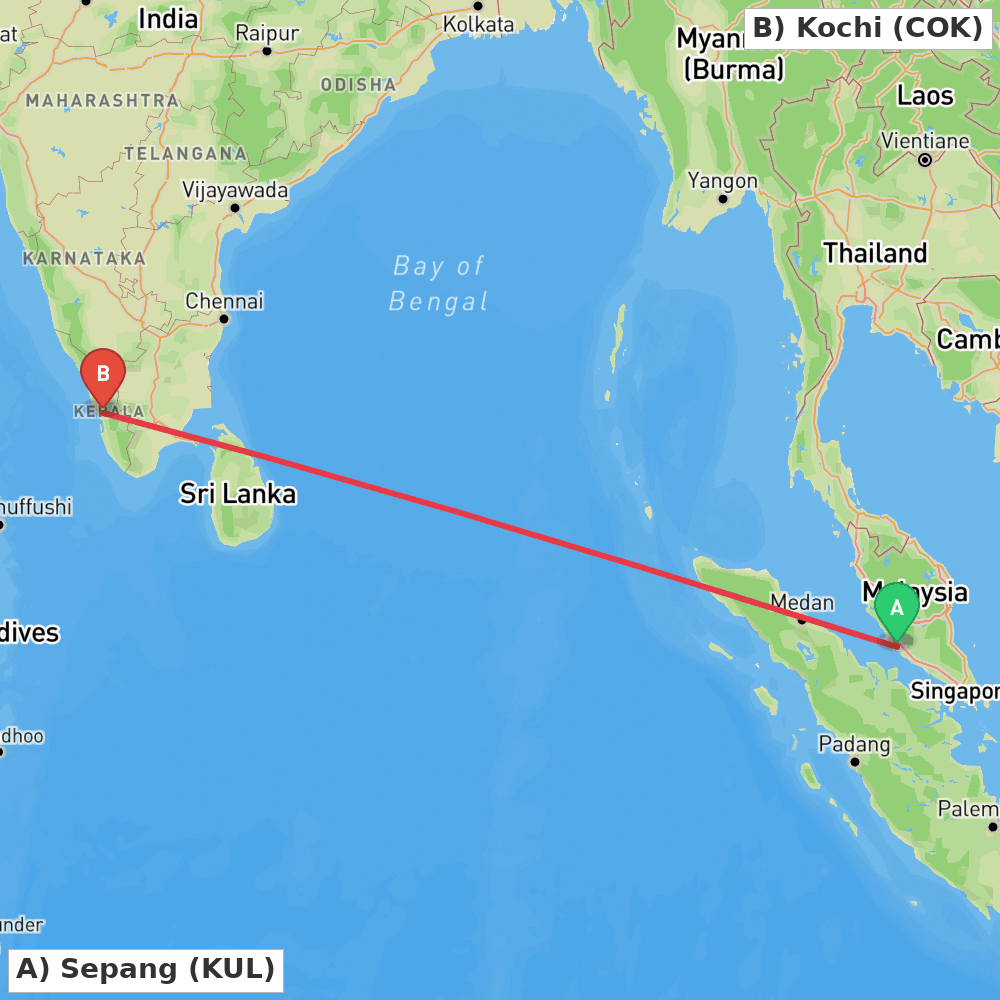 Flight route map from Sepang to Kochi