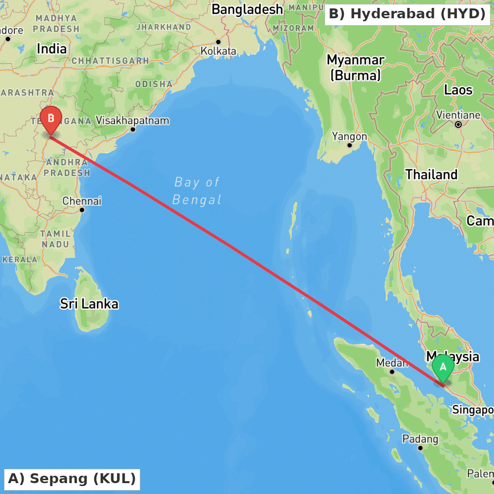 Flight route map from Sepang to Hyderabad