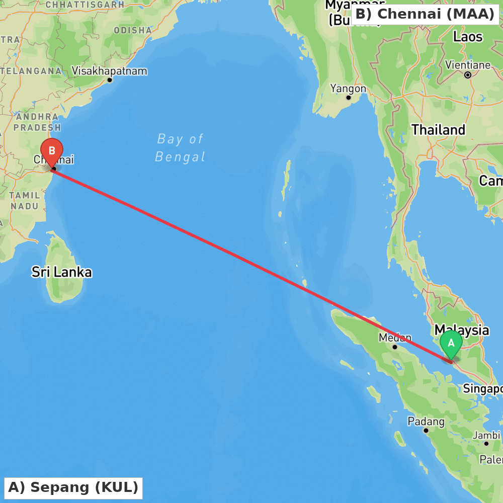 Flight route map from Sepang to Chennai