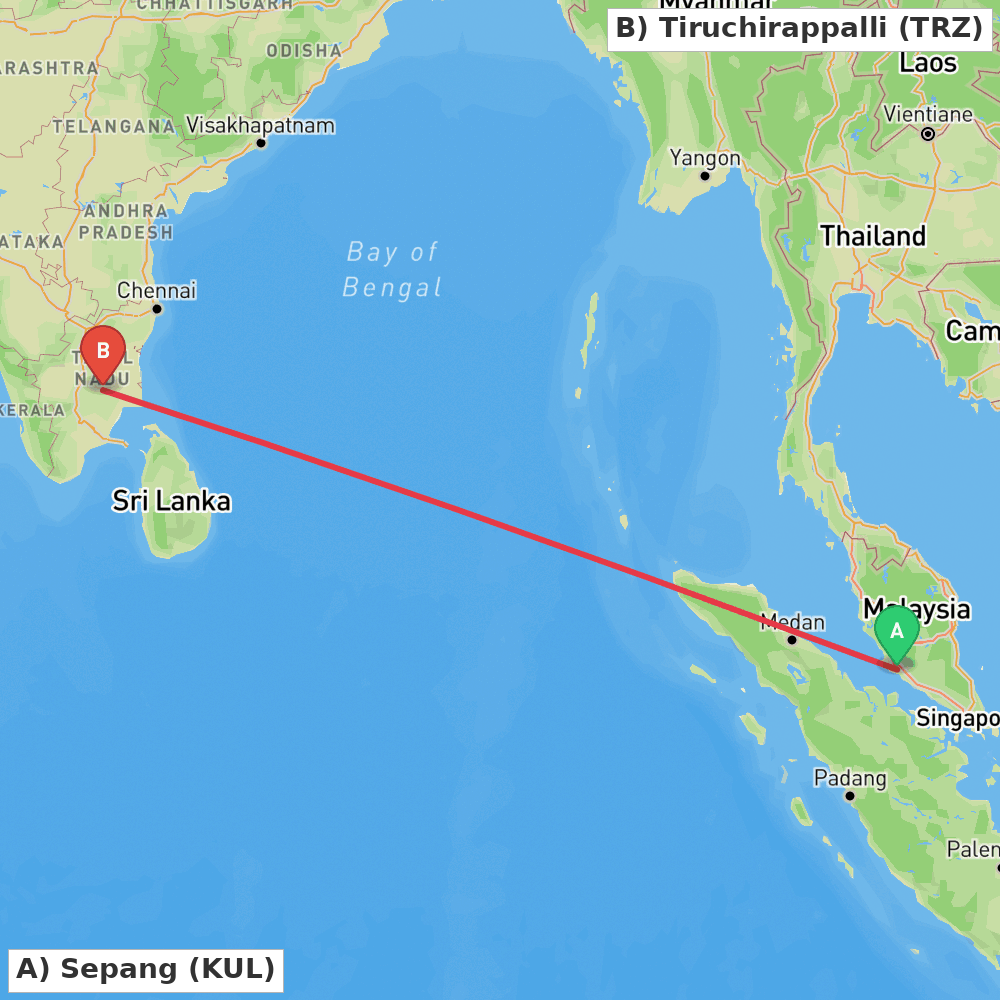 Flight route map from Sepang to Tiruchirappalli