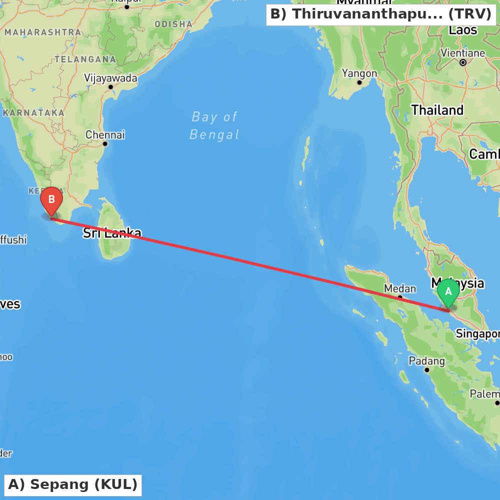 Flight route map from Sepang to Thiruvananthapuram