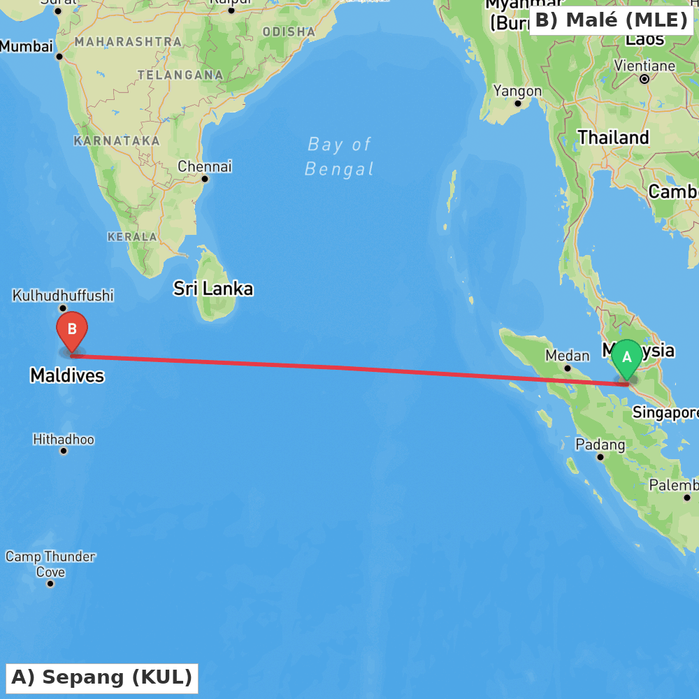 Flight route map from Sepang to Malé