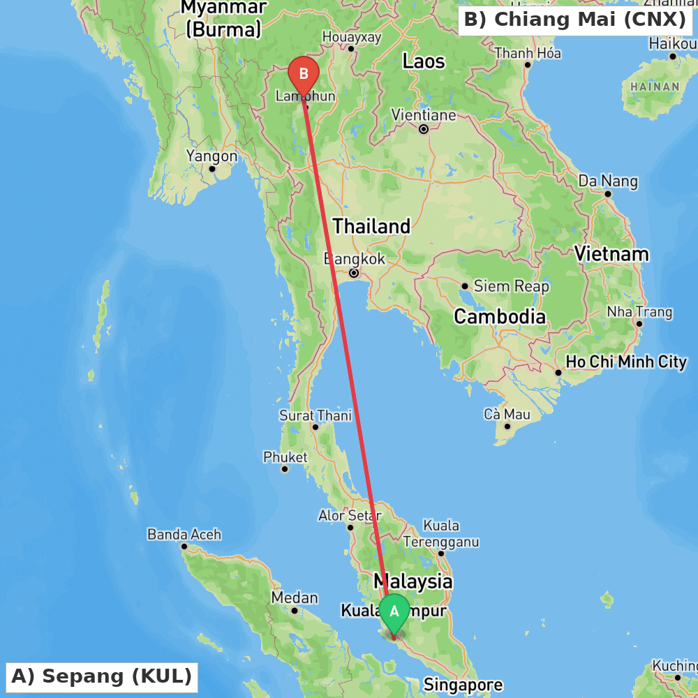 Flight route map from Sepang to Chiang Mai