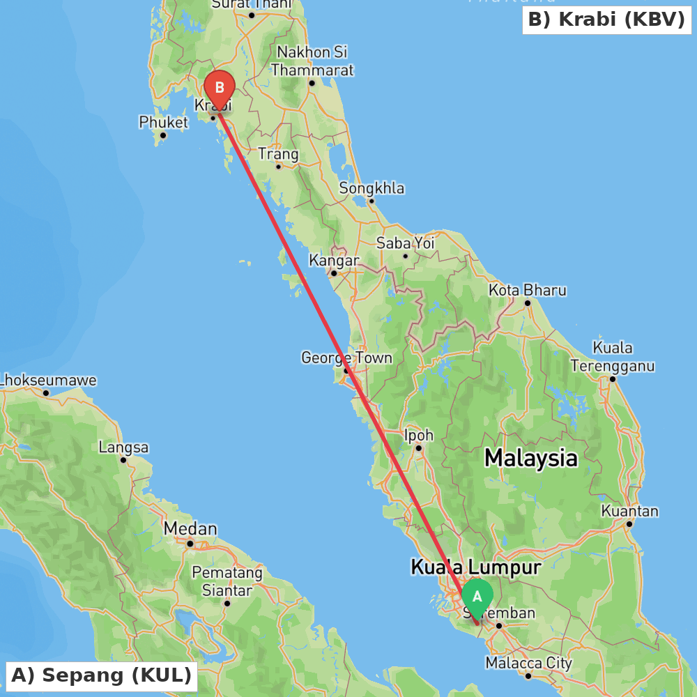 Flight route map from Sepang to Krabi