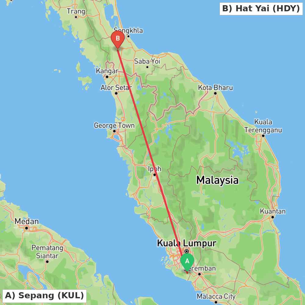 Flight route map from Sepang to Hat Yai
