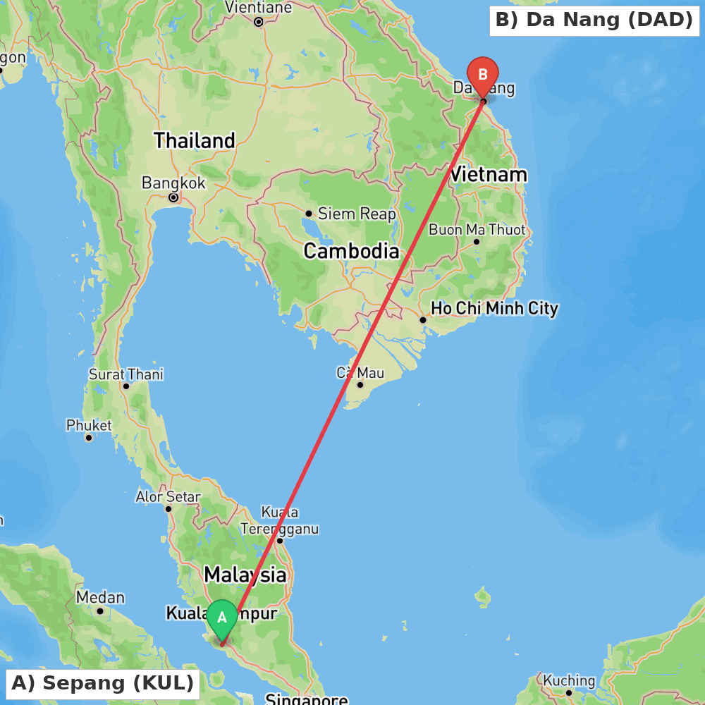 Flight route map from Sepang to Da Nang