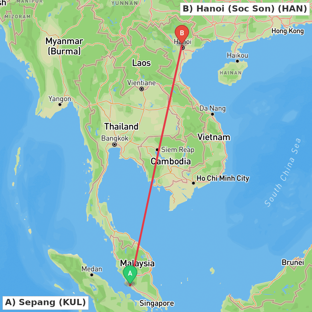 Flight route map from Sepang to Hanoi (Soc Son)