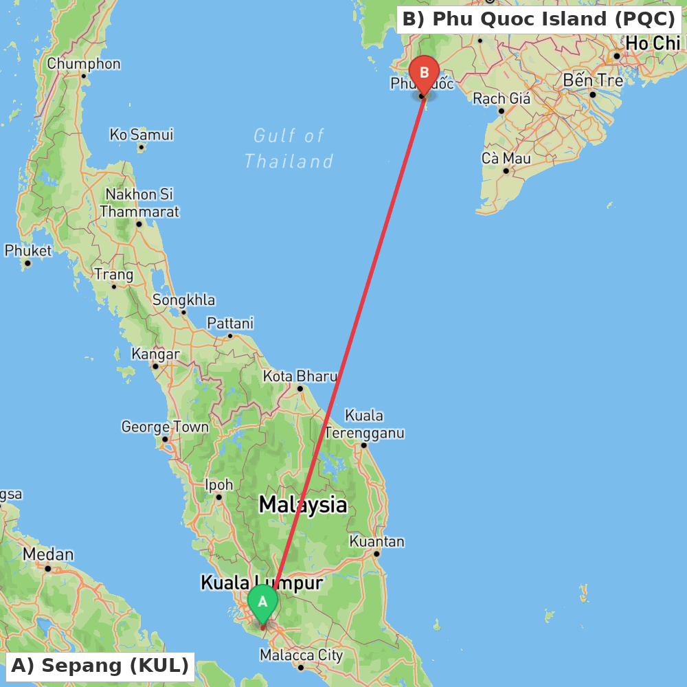 Flight route map from Sepang to Phu Quoc Island