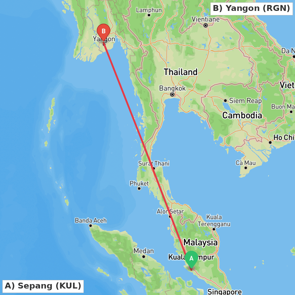 Flight route map from Sepang to Yangon