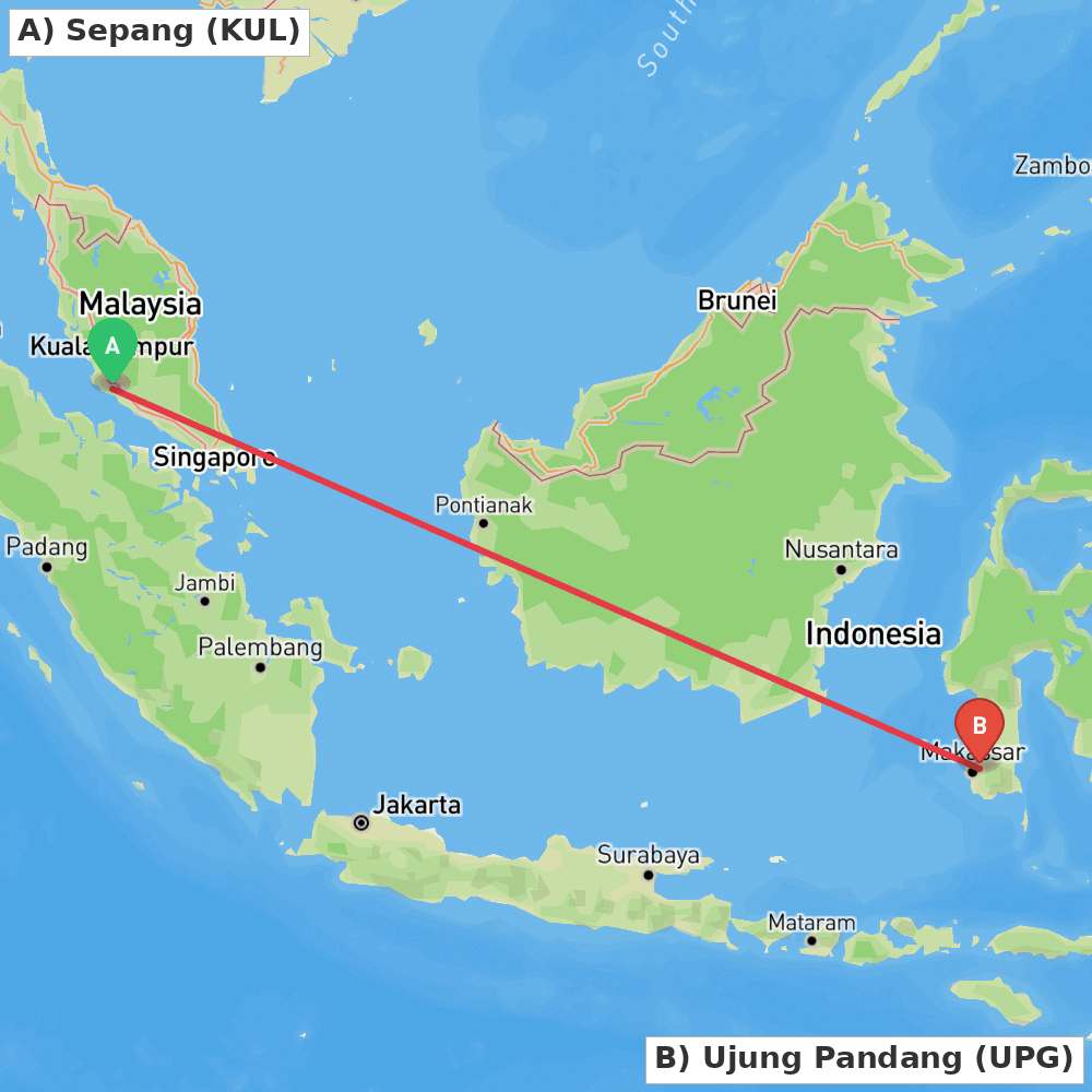 Flight route map from Sepang to Ujung Pandang