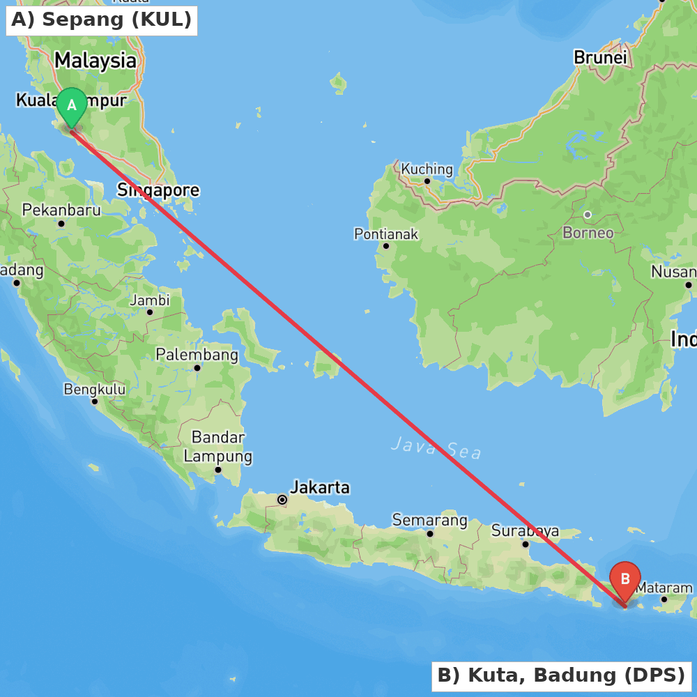 Flight route map from Sepang to Kuta, Badung