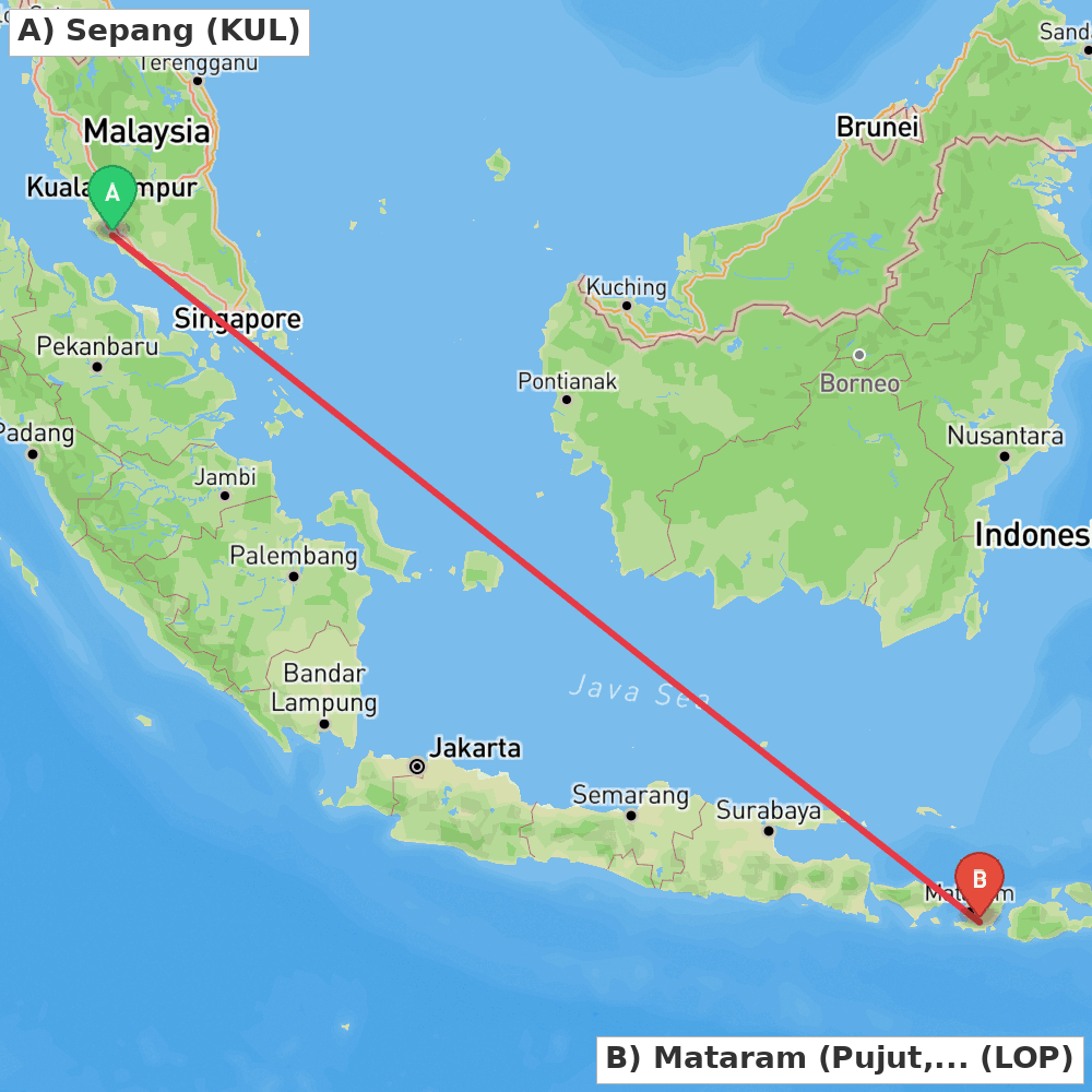 Flight route map from Sepang to Mataram (Pujut, Lombok Tengah)