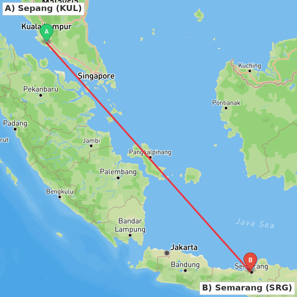 Flight route map from Sepang to Semarang