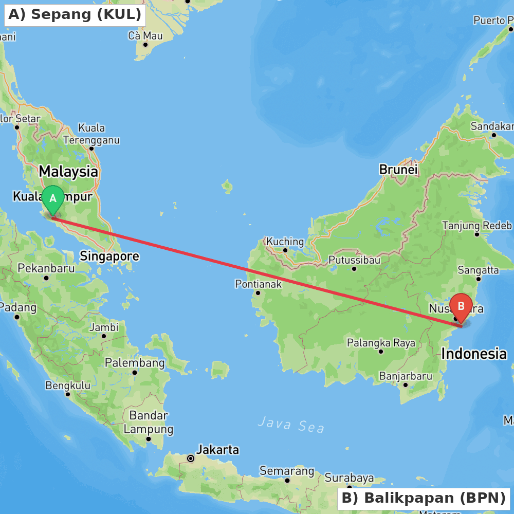 Flight route map from Sepang to Balikpapan