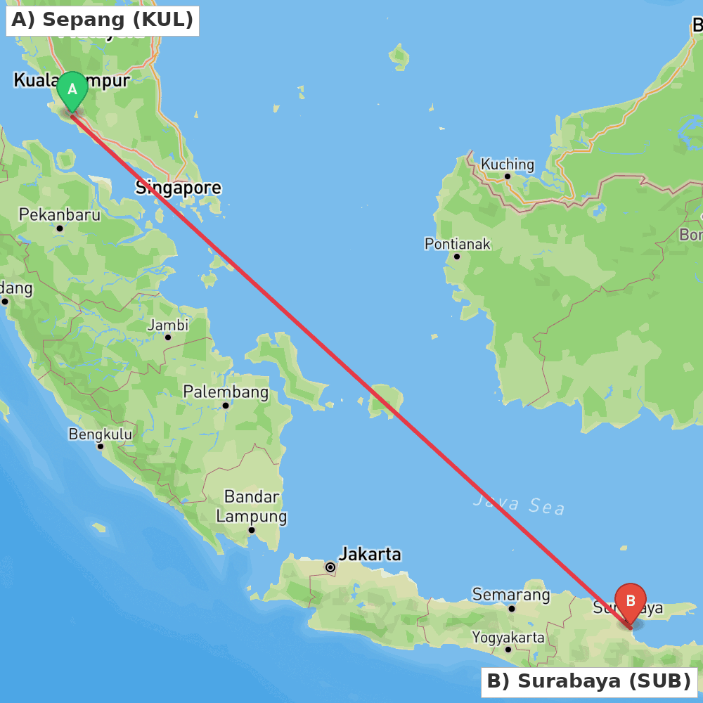 Flight route map from Sepang to Surabaya