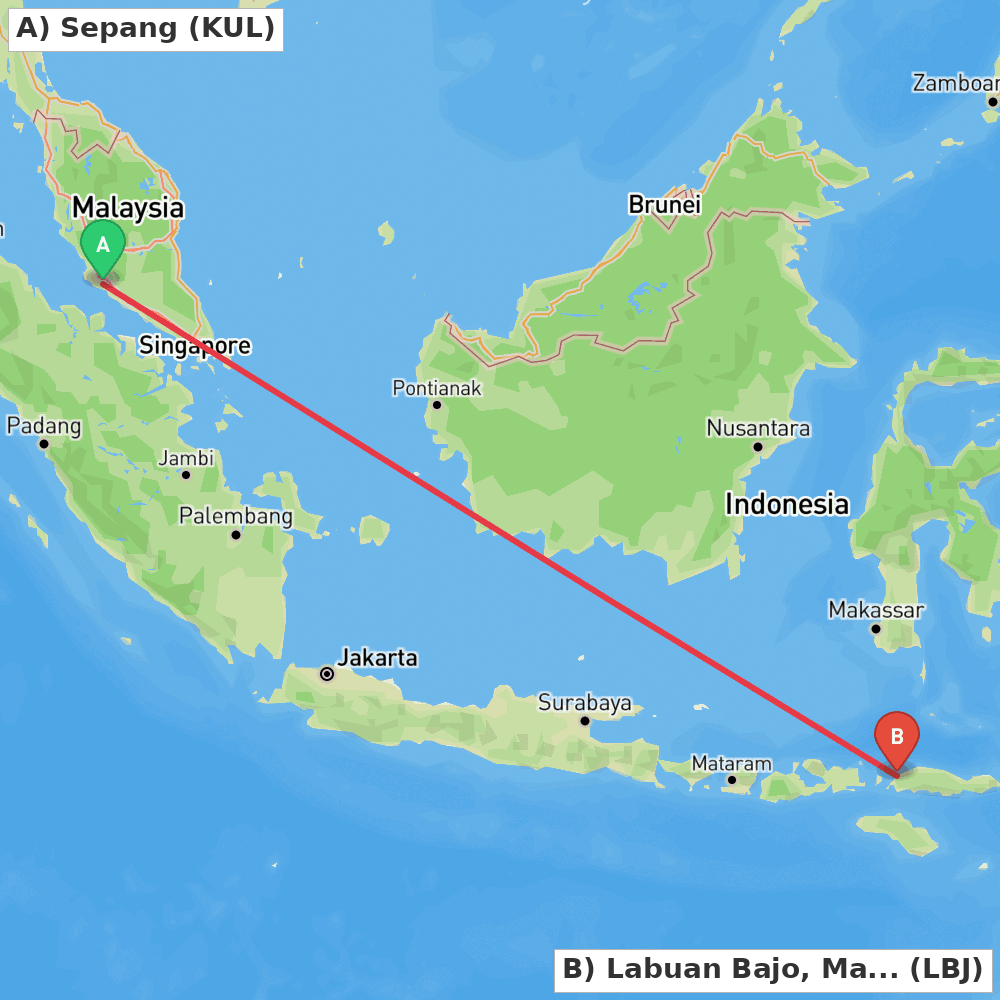Flight route map from Sepang to Labuan Bajo, Manggarai Barat