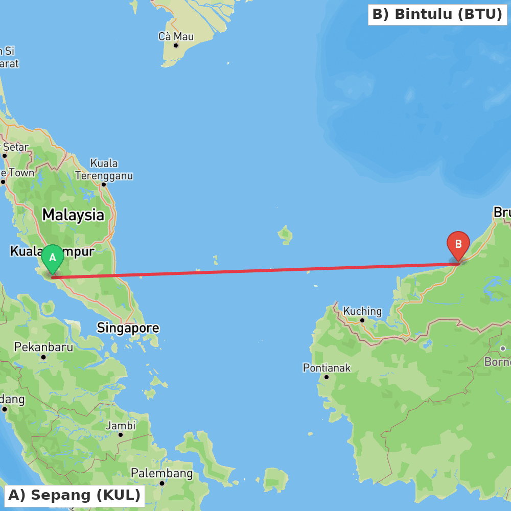 Flight route map from Sepang to Bintulu