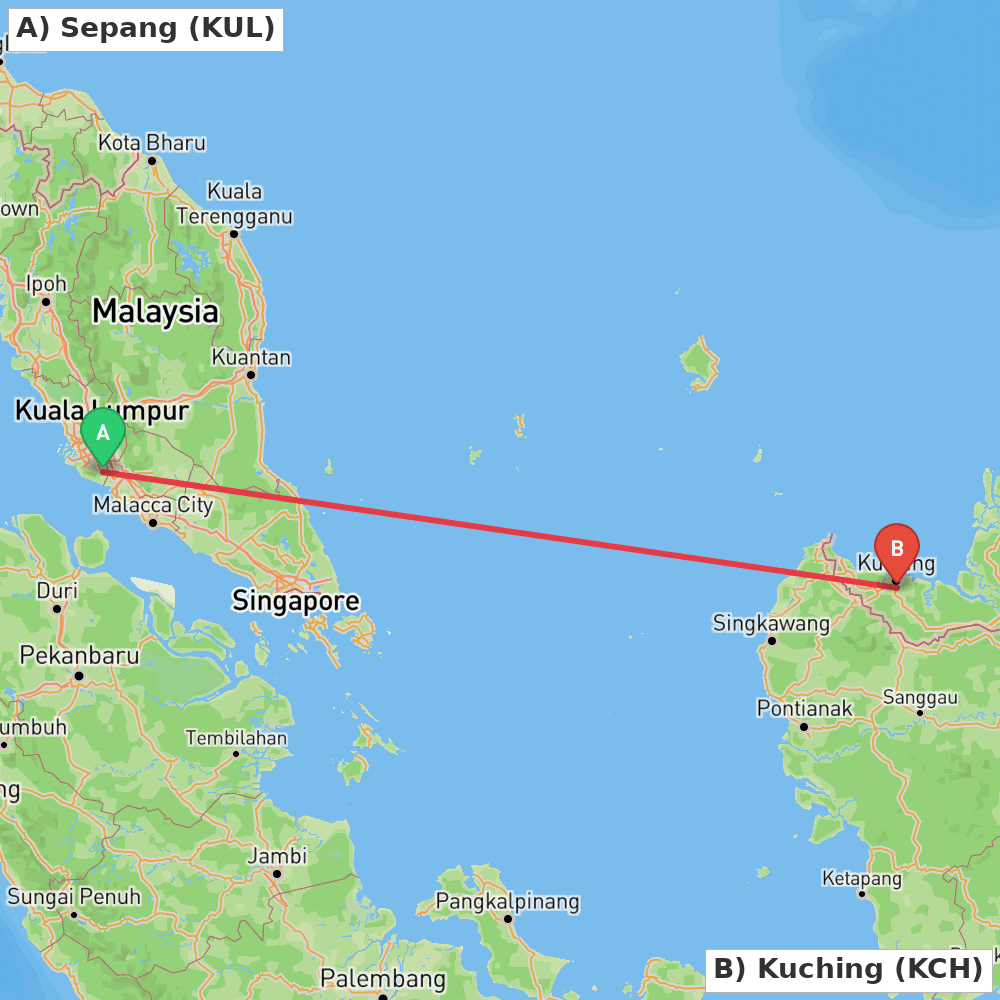 Flight route map from Sepang to Kuching