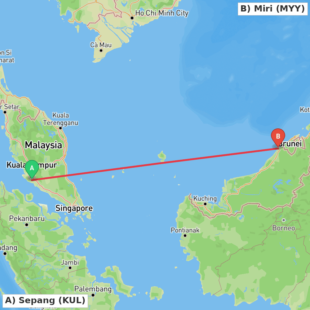 Flight route map from Sepang to Miri